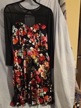 Torrid Black Floral Corset Fit-and-Flare Dress, Mesh Top/Sleeves with Pockets